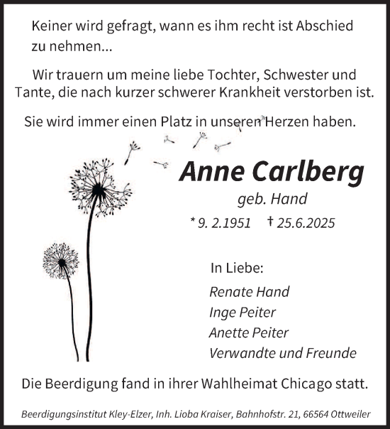 Todesanzeige von Anne Carlberg von saarbruecker_zeitung