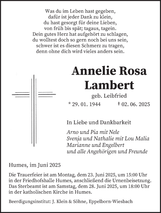 Todesanzeige von Annelie Rosa Lambert von saarbruecker_zeitung