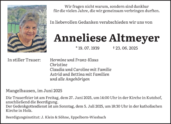 Todesanzeige von Anneliese Altmeyer von saarbruecker_zeitung