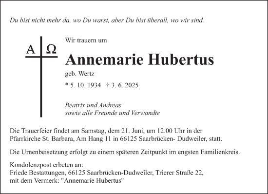 Todesanzeige von Annemarie Hubertus von saarbruecker_zeitung