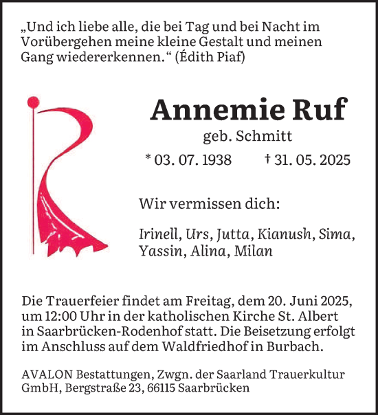 Todesanzeige von Annemie Ruf von saarbruecker_zeitung