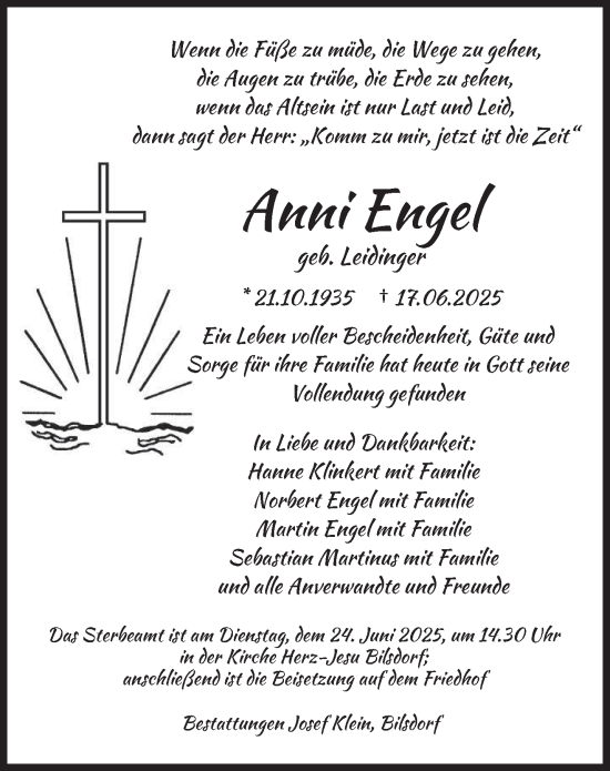Todesanzeige von Anni Engel von saarbruecker_zeitung