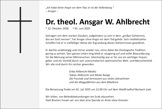Todesanzeige von Ansgar Ahlbrecht von saarbruecker_zeitung