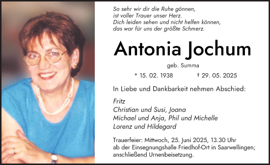Todesanzeige von Antonia Jochum von saarbruecker_zeitung