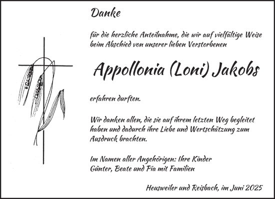 Todesanzeige von Appollonia Jakobs von saarbruecker_zeitung