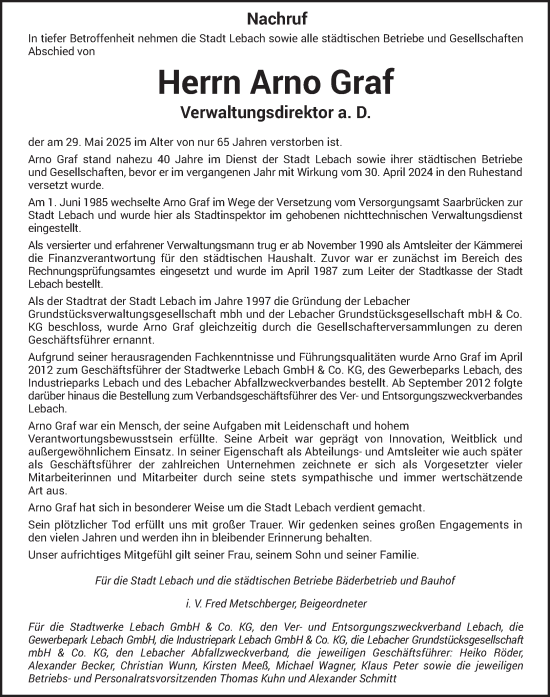 Todesanzeige von Arno Graf von saarbruecker_zeitung