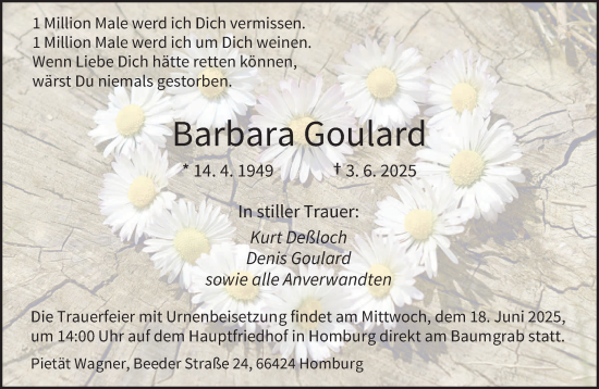 Todesanzeige von Barbara Goulard von saarbruecker_zeitung
