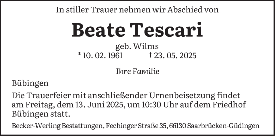 Todesanzeige von Beate Tescari von saarbruecker_zeitung