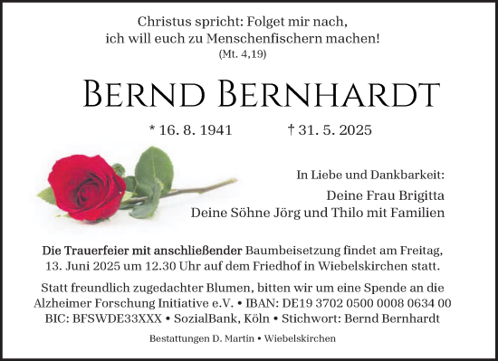 Todesanzeige von Bernd Bernhardt von saarbruecker_zeitung