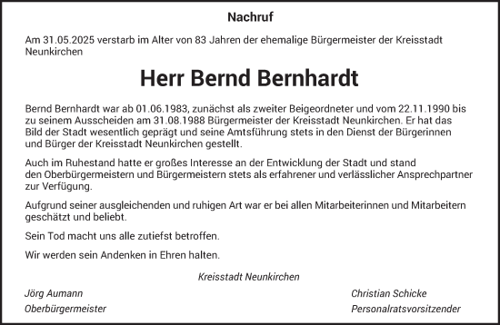 Todesanzeige von Bernd Bernhardt von saarbruecker_zeitung