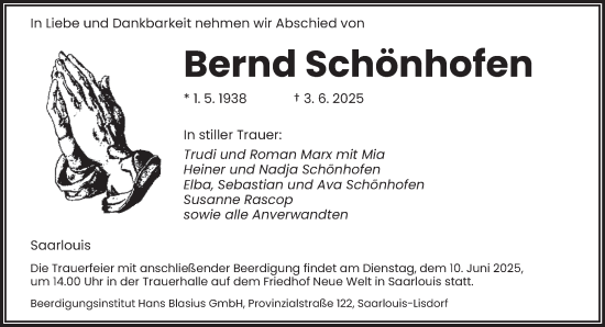 Todesanzeige von Bernd Schönhofen von saarbruecker_zeitung