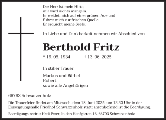 Todesanzeige von Berthold Fritz von saarbruecker_zeitung