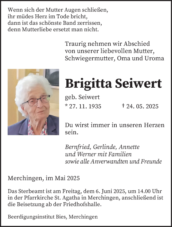Todesanzeige von Brigitta Seiwert von saarbruecker_zeitung