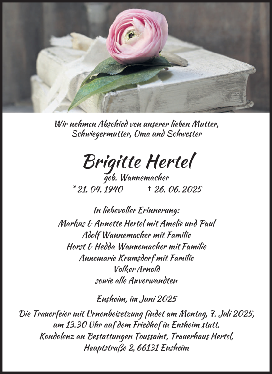 Todesanzeige von Brigitte Hertel von saarbruecker_zeitung
