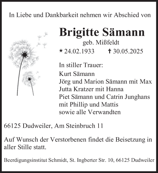 Todesanzeige von Brigitte Sämann von saarbruecker_zeitung