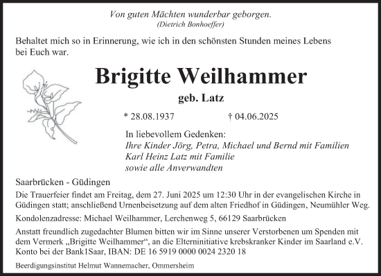 Todesanzeige von Brigitte Weilhammer von saarbruecker_zeitung