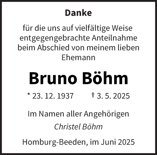 Todesanzeige von Bruno Böhm von saarbruecker_zeitung