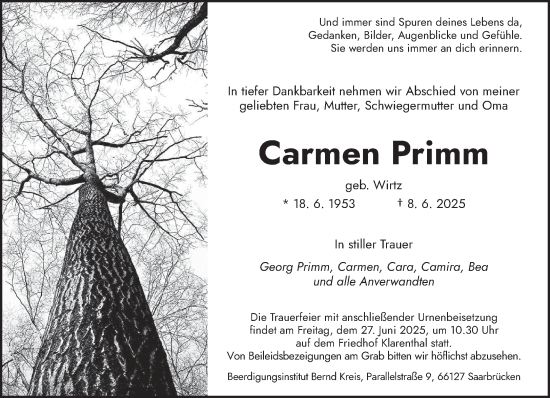 Todesanzeige von Carmen Primm von saarbruecker_zeitung