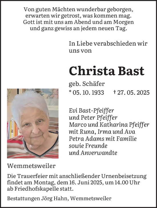 Todesanzeige von Christa Bast von saarbruecker_zeitung