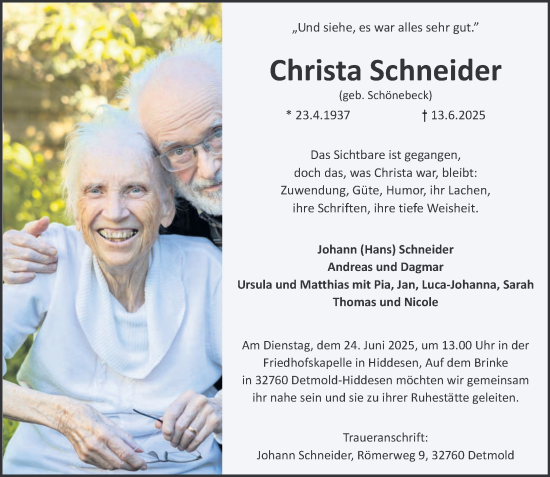 Todesanzeige von Christa Schneider von saarbruecker_zeitung
