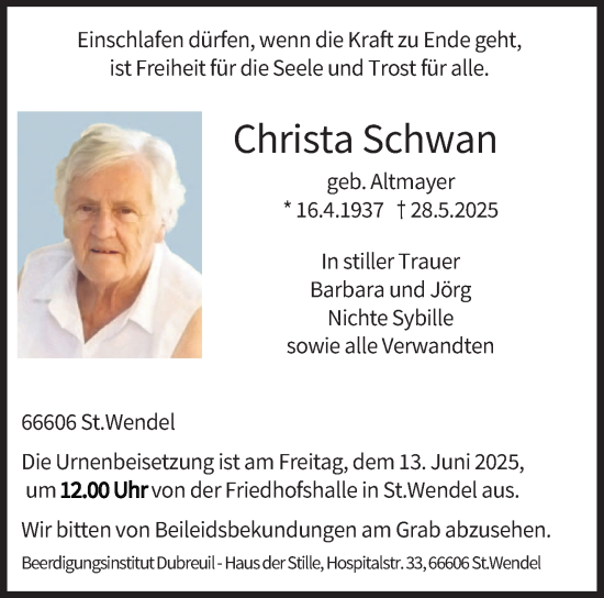 Todesanzeige von Christa Schwan von saarbruecker_zeitung
