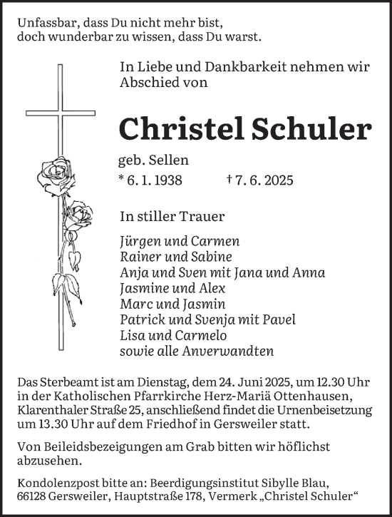Todesanzeige von Christel Schuler von saarbruecker_zeitung