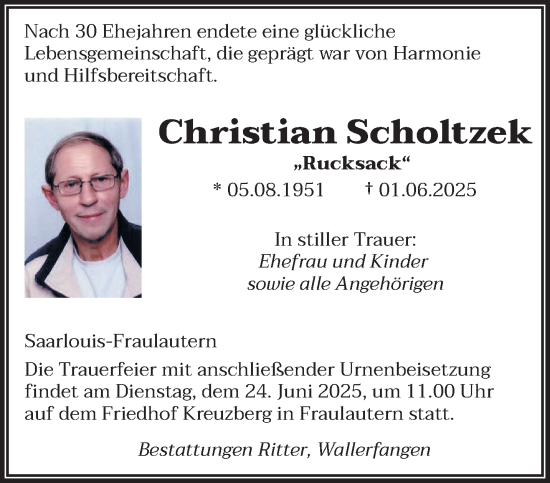 Todesanzeige von Christian Scholtzek von saarbruecker_zeitung