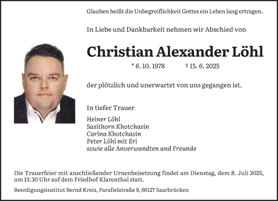 Todesanzeige von Christian Alexander Löhl von saarbruecker_zeitung