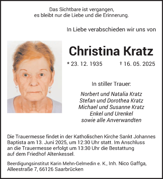 Todesanzeige von Christina Kratz von saarbruecker_zeitung