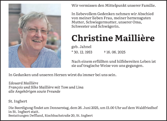 Todesanzeige von Christine Mailliere von saarbruecker_zeitung