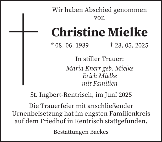 Todesanzeige von Christine Mielke von saarbruecker_zeitung