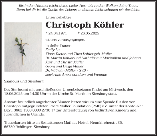Todesanzeige von Christoph Köhler von saarbruecker_zeitung