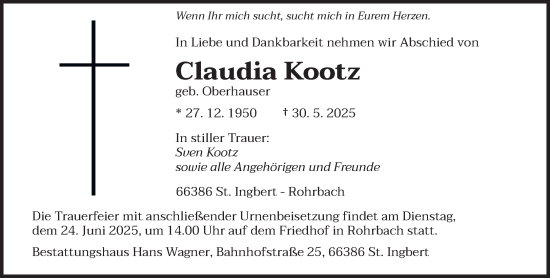 Todesanzeige von Claudia Kootz von saarbruecker_zeitung