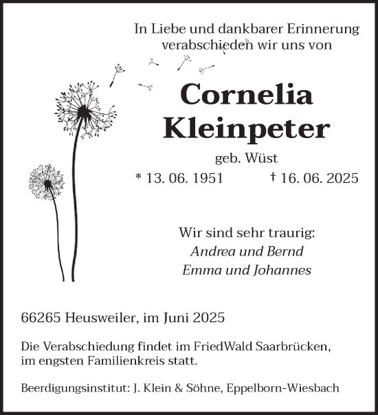 Todesanzeige von Cornelia Kleinpeter von saarbruecker_zeitung
