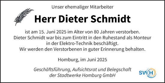 Todesanzeige von Dieter Schmidt von saarbruecker_zeitung