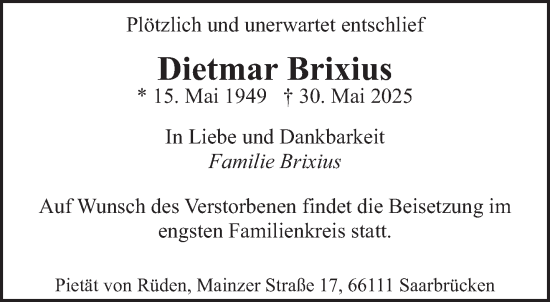 Todesanzeige von Dietmar Brixius von saarbruecker_zeitung