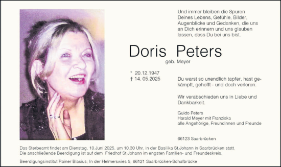 Todesanzeige von Doris Peters von saarbruecker_zeitung