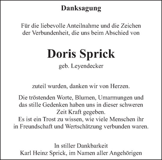 Todesanzeige von Doris Sprick von saarbruecker_zeitung