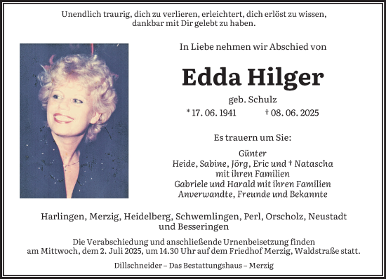 Todesanzeige von Edda Hilger von saarbruecker_zeitung