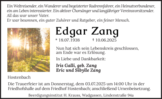 Todesanzeige von Edgar Zang von saarbruecker_zeitung