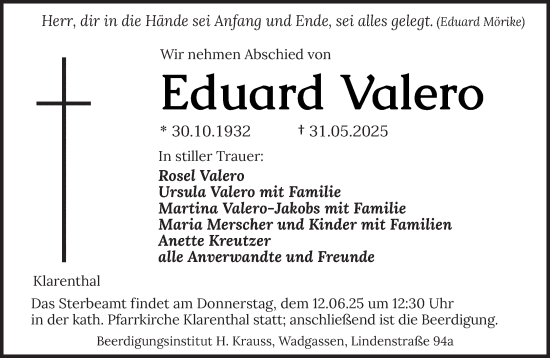 Todesanzeige von Eduard Valero von saarbruecker_zeitung