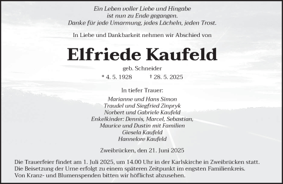 Todesanzeige von Elfriede Kaufeld von saarbruecker_zeitung