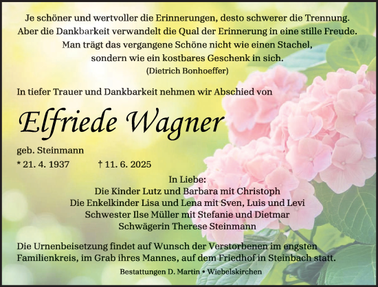 Todesanzeige von Elfriede Wagner von saarbruecker_zeitung