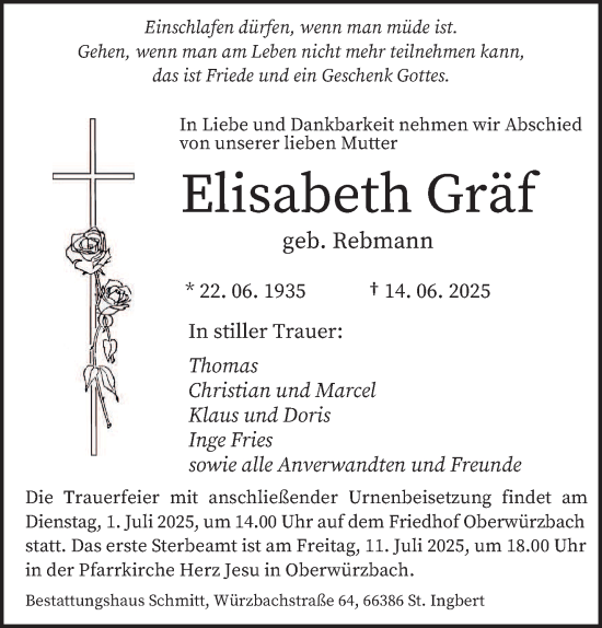 Todesanzeige von Elisabeth Gräf von saarbruecker_zeitung