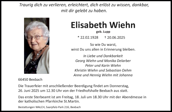 Todesanzeige von Elisabeth Wiehn von saarbruecker_zeitung