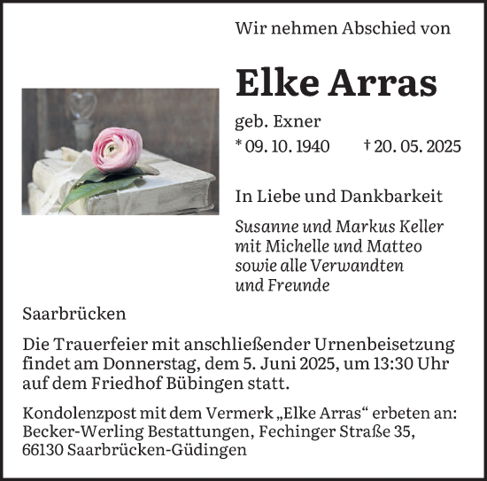 Todesanzeige von Elke Arras von saarbruecker_zeitung