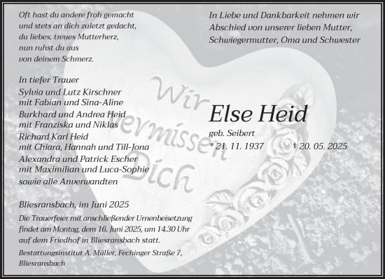Todesanzeige von Else Heid von saarbruecker_zeitung