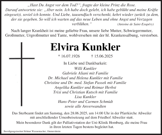 Todesanzeige von Elvira Kunkler von saarbruecker_zeitung