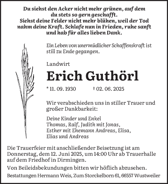 Todesanzeige von Erich Guthörl von saarbruecker_zeitung