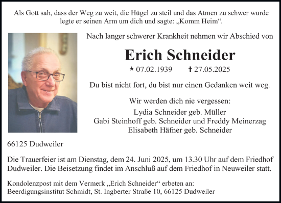 Todesanzeige von Erich Schneider von saarbruecker_zeitung